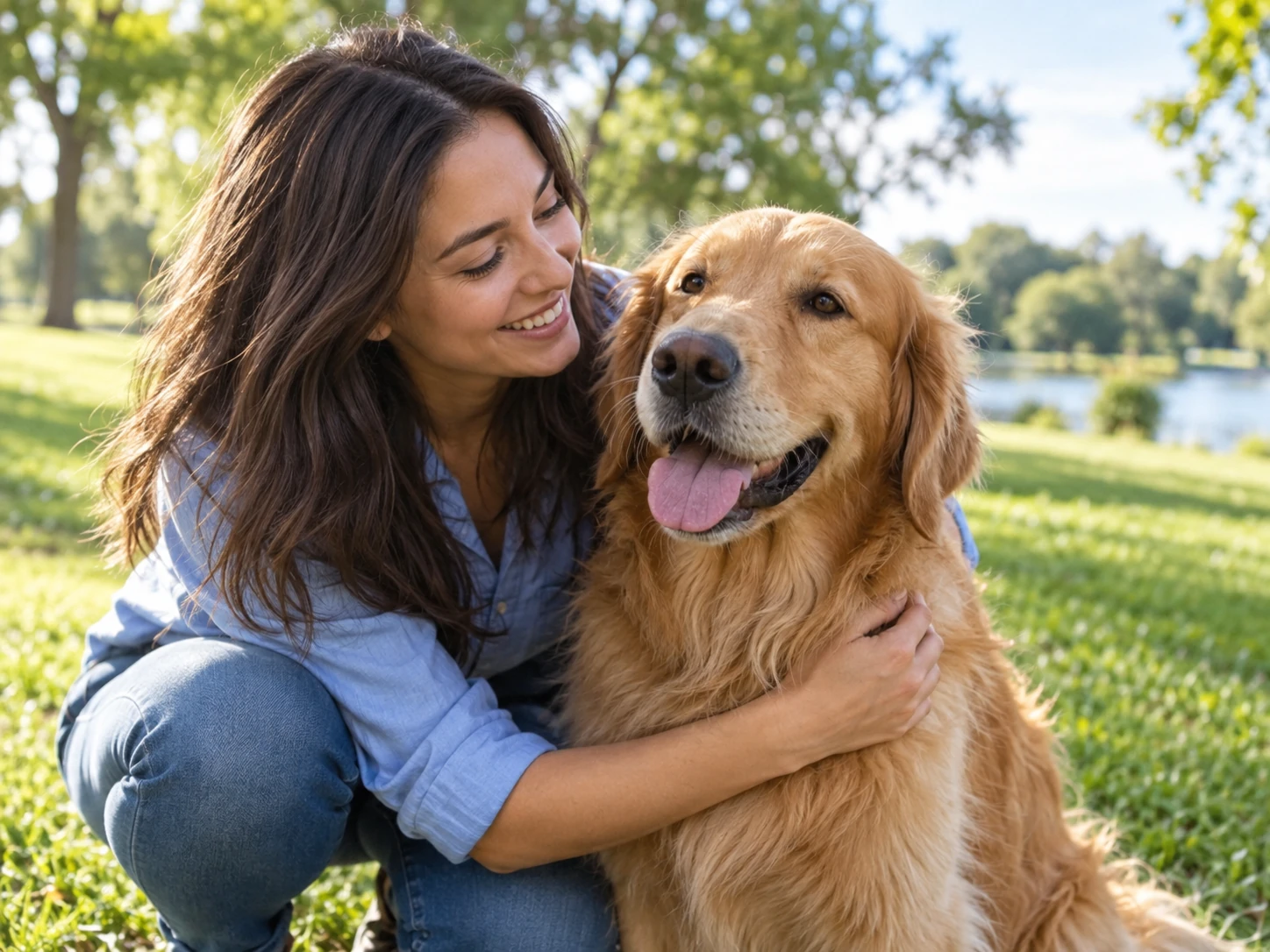 A pet owner spending time with her golden retriever in a park