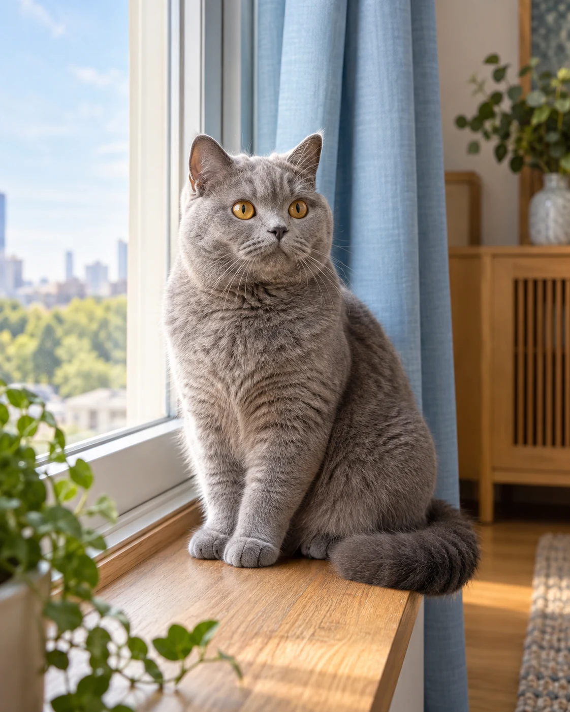 A curious gray cat at a sunny window