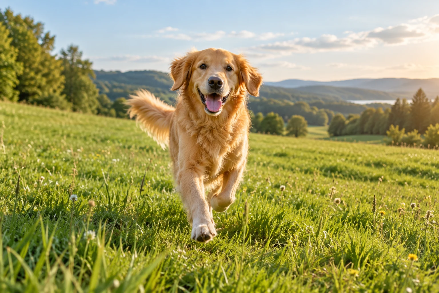 A golden retriever running through a sunlit meadow