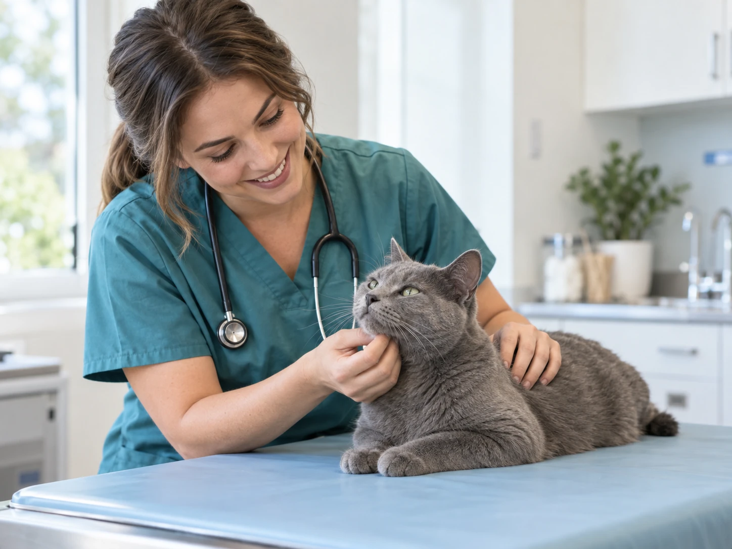 A veterinary professional gently caring for a gray cat